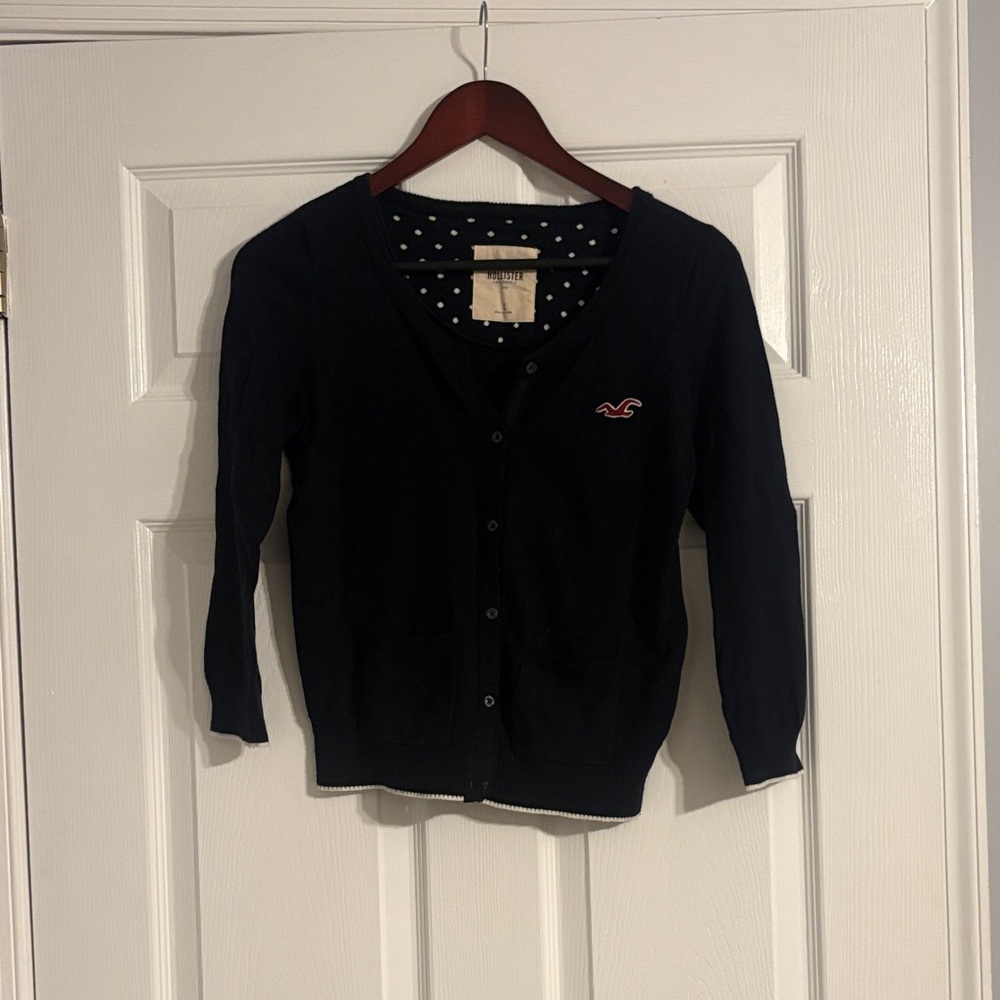 Hollister Vintage Navy Cardigan with Upper Polka Dot Lining
